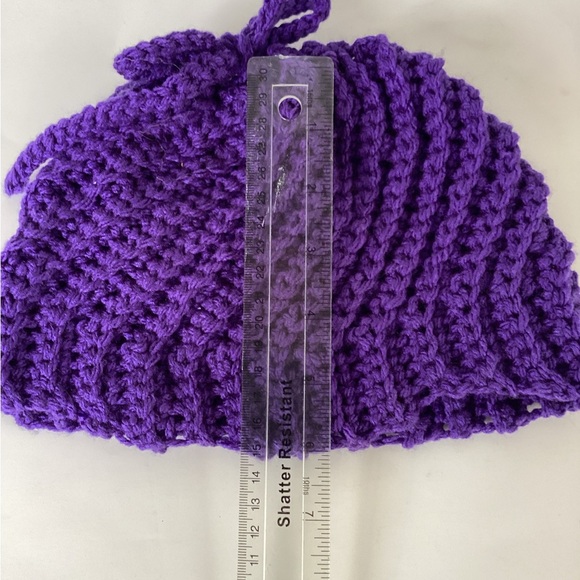 Hat Messy Bun Ponytail Hand Crafted Purple Beanie Crochet Spiral Bow - Picture 9 of 16